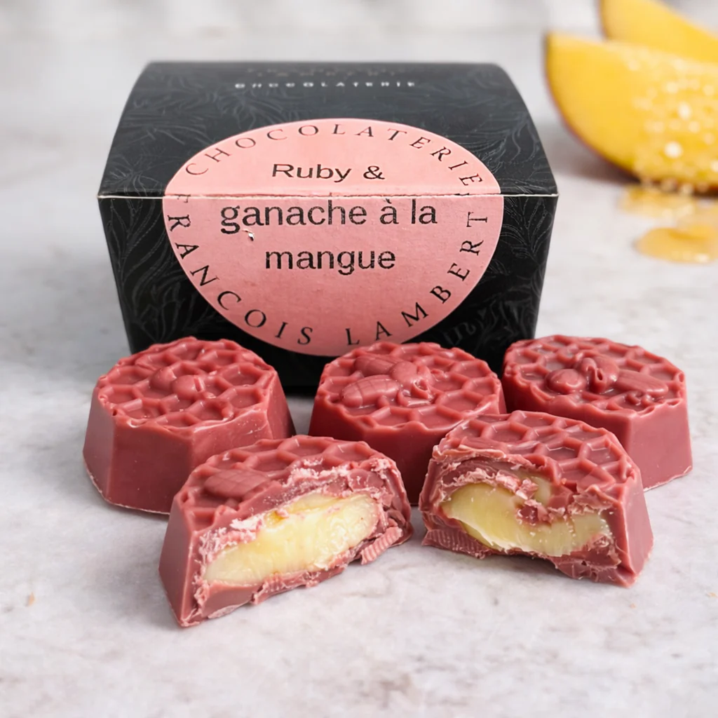 4 Chocolats Ruby farcis - Ganache miel et mangue 🍯🥭